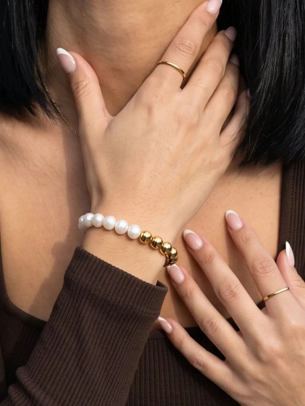 Freshwater Pearl Gold Bead Stretch Bracelet Stackable Old Money Boho Chic 6.3